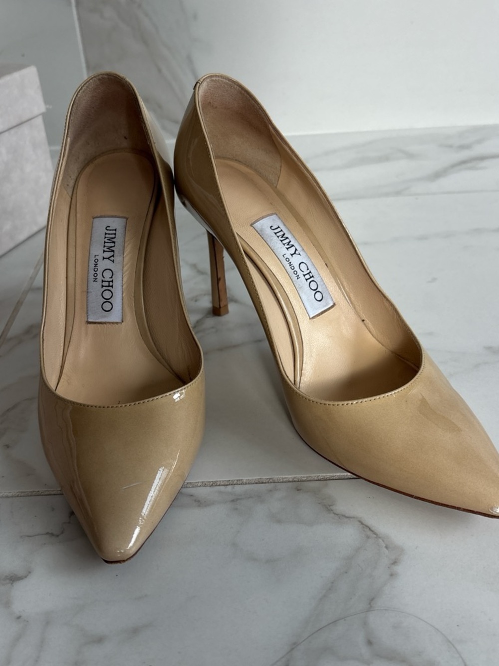Jimmy Choo Nude Romy 85 Patent Leather Pointed Toe Pumps